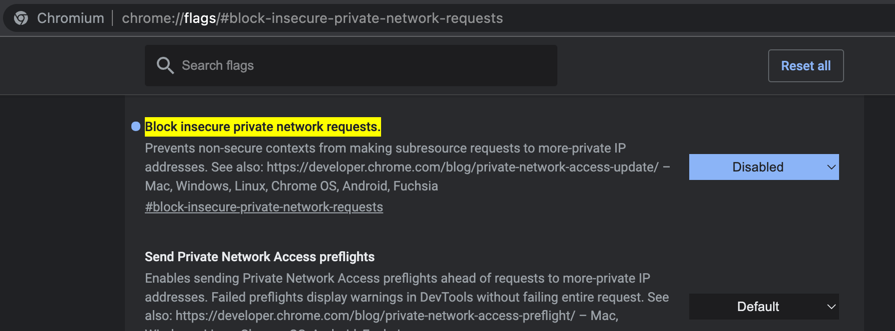 Chrome set block insecure private network requests to disable
